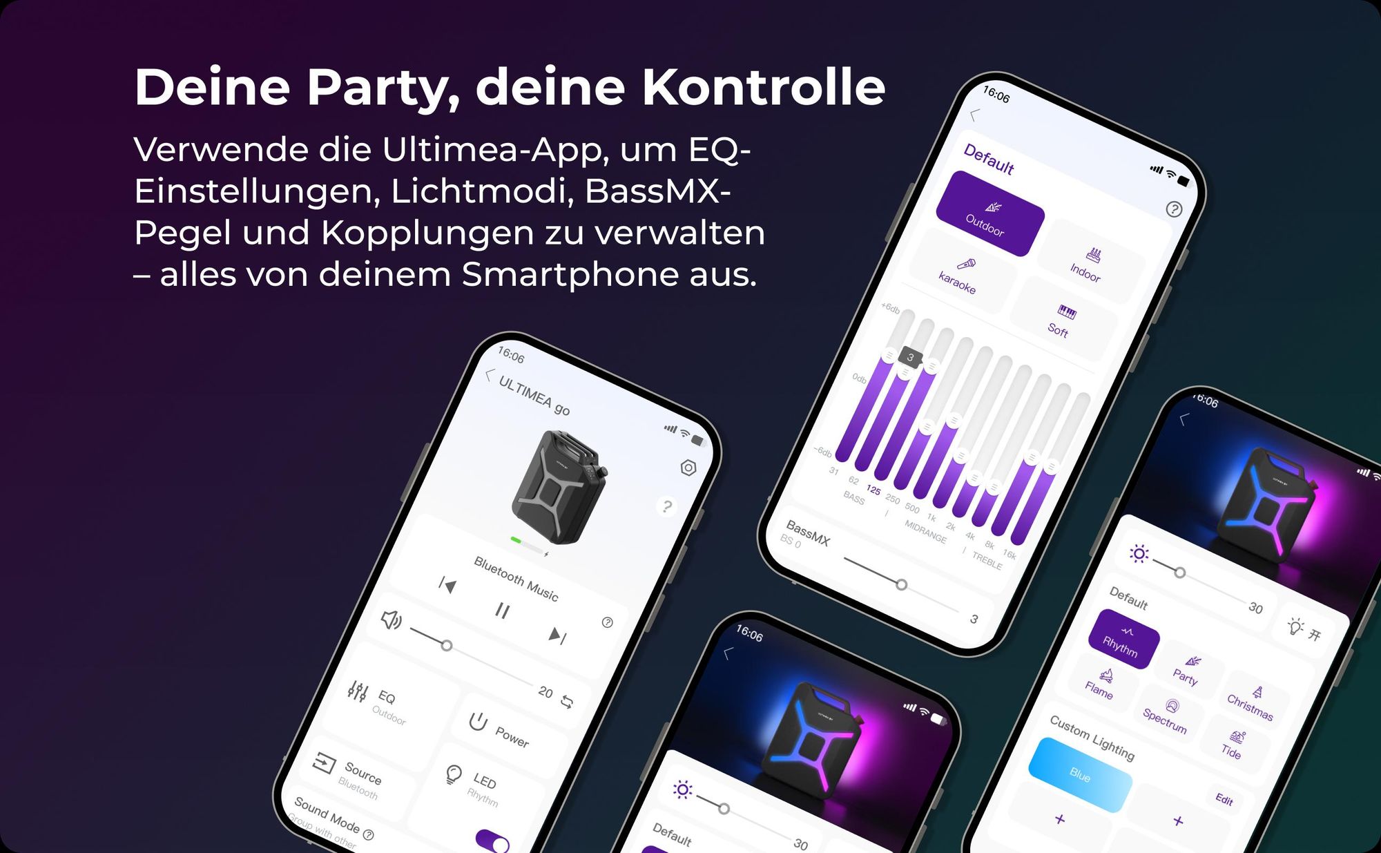 ULTIMEA Go tragbarer Party-Lautsprecher, 300 W Bluetooth PartyBox mit Bass-Boost, RGB-Beleuchtung, Mikrofon-/Gitarreneingang, Party & Outdoor, Rot