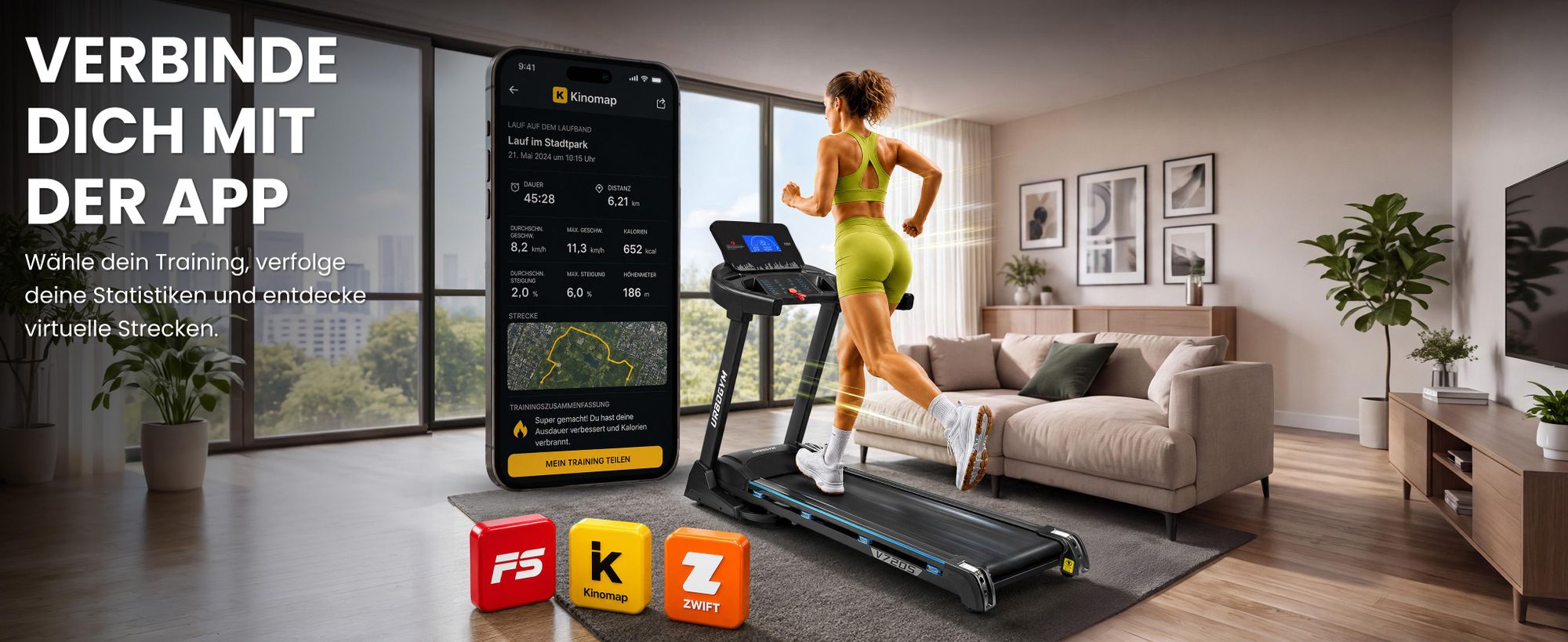 URBOGYM V720S Elektrisches Laufband, 20 km/h, 15 Steigungsstufen, 3,0 PS, 150 kg, klappbar, Bluetooth, 12 Trainingsprogramme