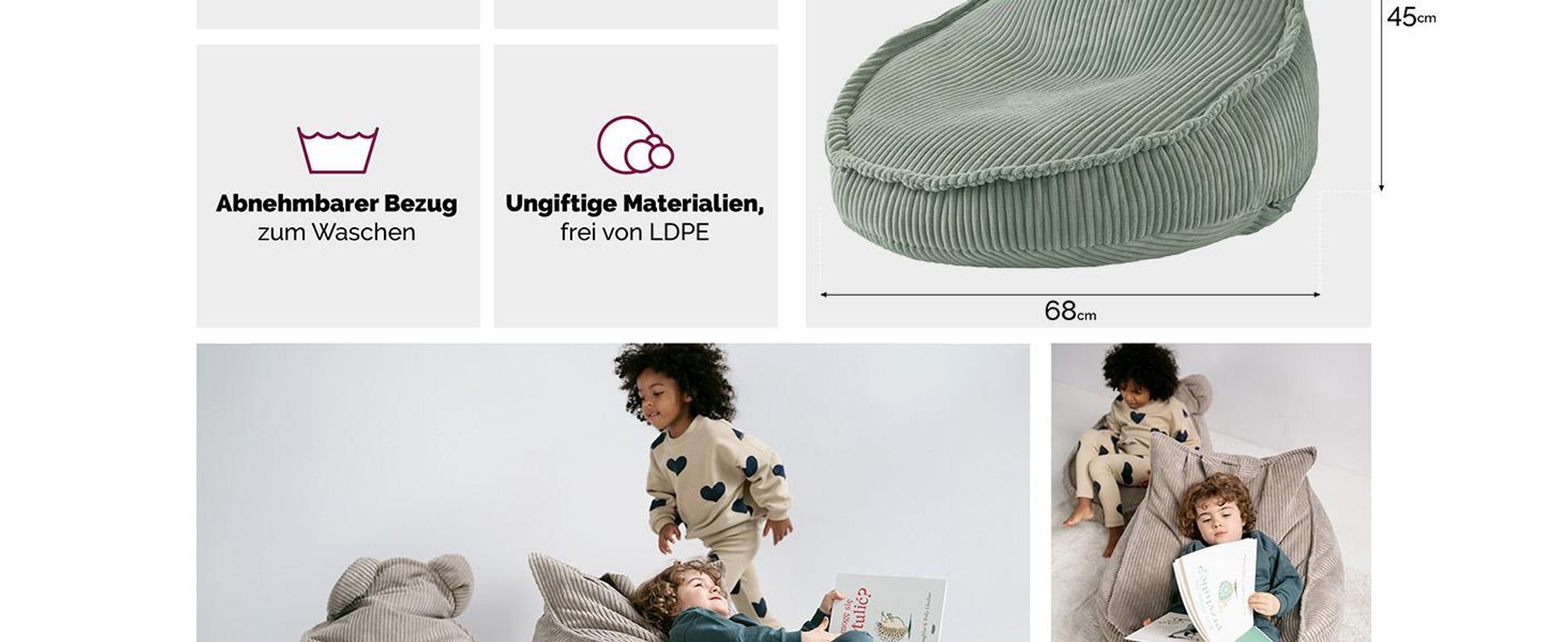 MISIOO Sitzsack Kinder – Waschbar –  – Stabile und Weiche Konstruktion – Cord-Material – 68x45 cm – Perfekt für Kinderzimmer - Olive