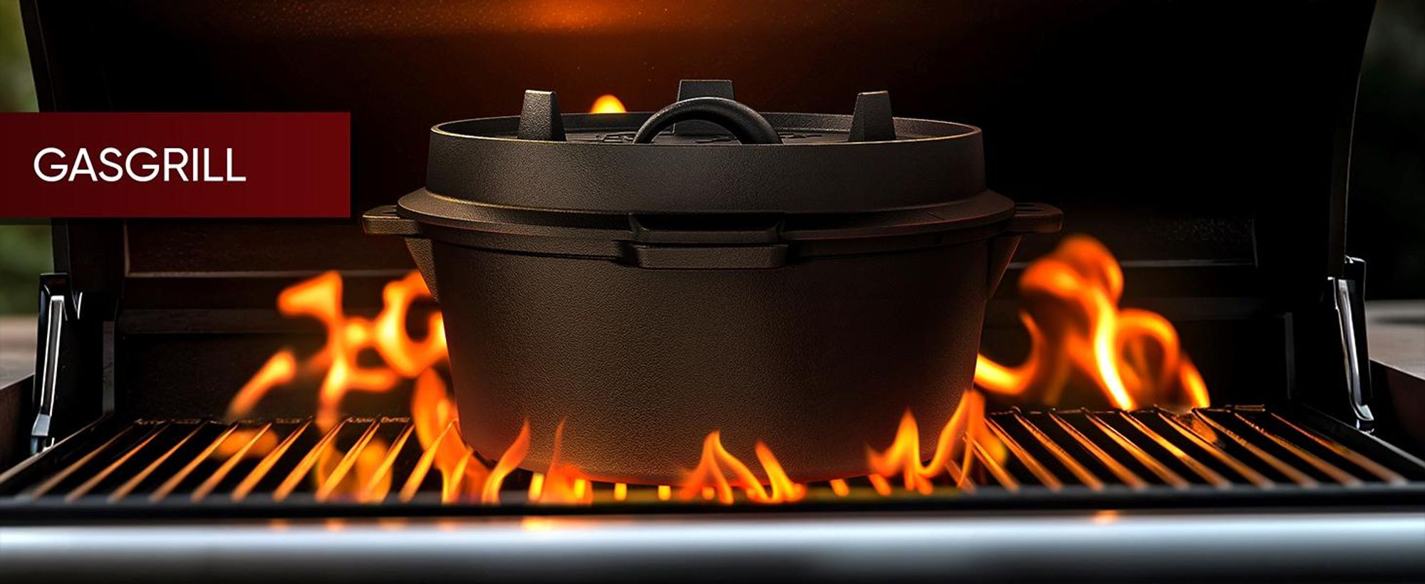 Dutch Oven auf Gasgrill mit Flammen – ideal zum Braten & Schmoren im Freien.