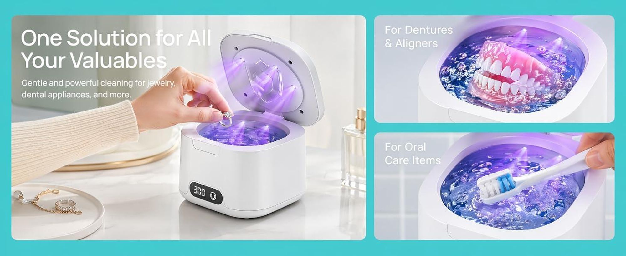 Ultraschallreiniger 49 kHz mit UV, 340 ml – für Zahnspangen, Retainer & Schmuck