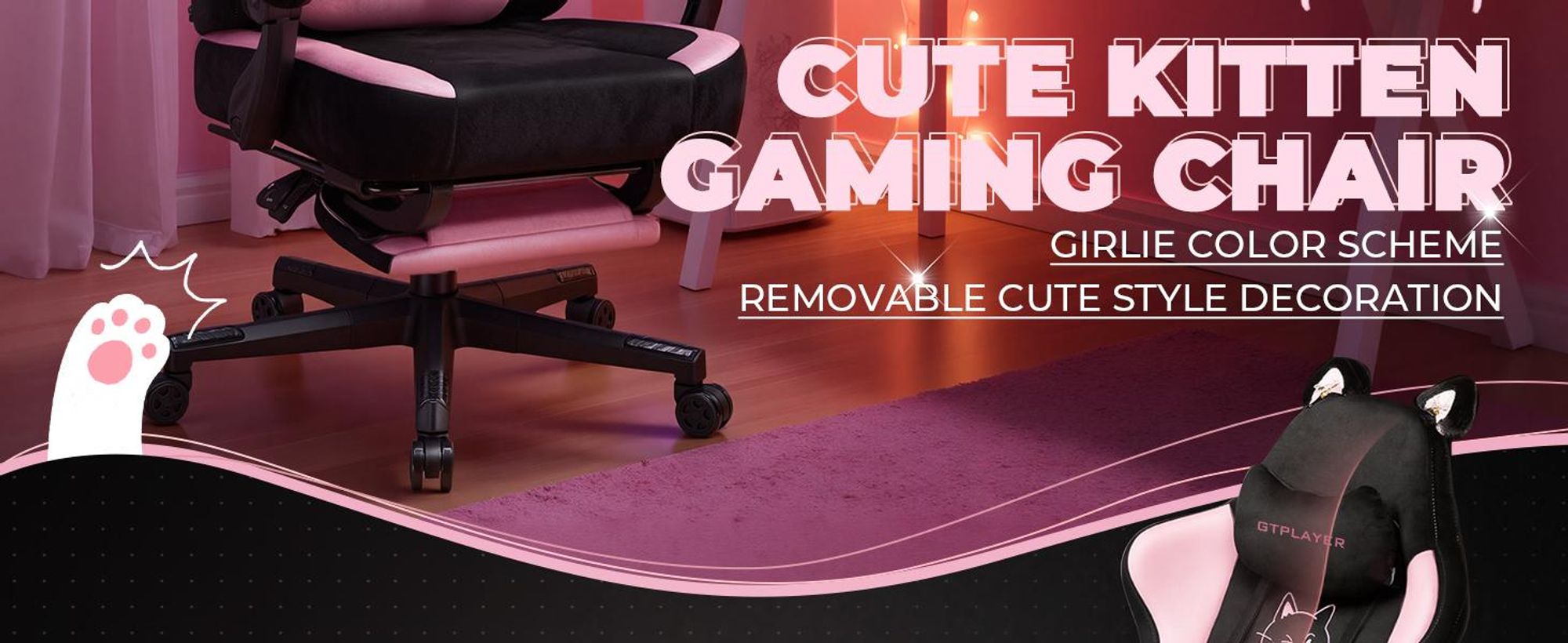 GTPLAYER Roztomilá herní židle se sametovou tkaninou, herní židle, ergonomická kancelářská židle, herní židle s kočičíma ušima, paměťovou pěnou a opěrkou nohou, 150 kg