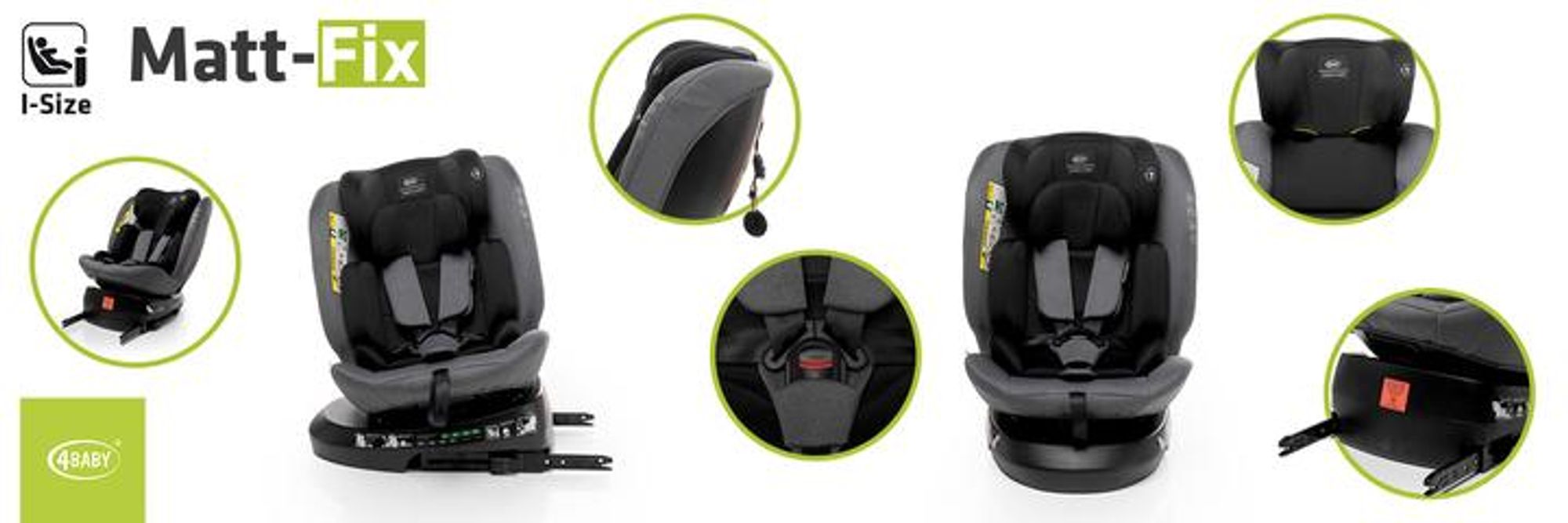 4BABY Kindersitz drehbar 360 ISOFIX Matt-Fix I-SIZE verstellbare Kopfstütze Sitz 0-36kg, 40-150 cm Graphite
