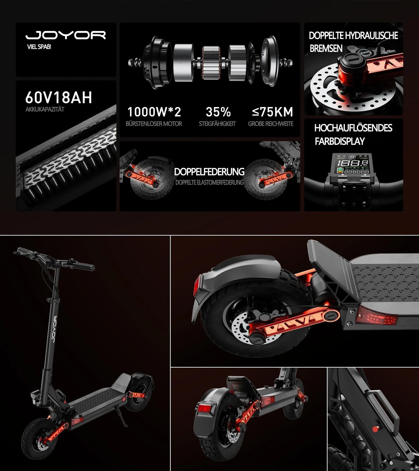 JOYOR S10-S-Z Doppelter Motor Faltbar Elektroroller - 1000W*2 Motor 60V18AH Akku 10 Zoll Reifen - Schwarz