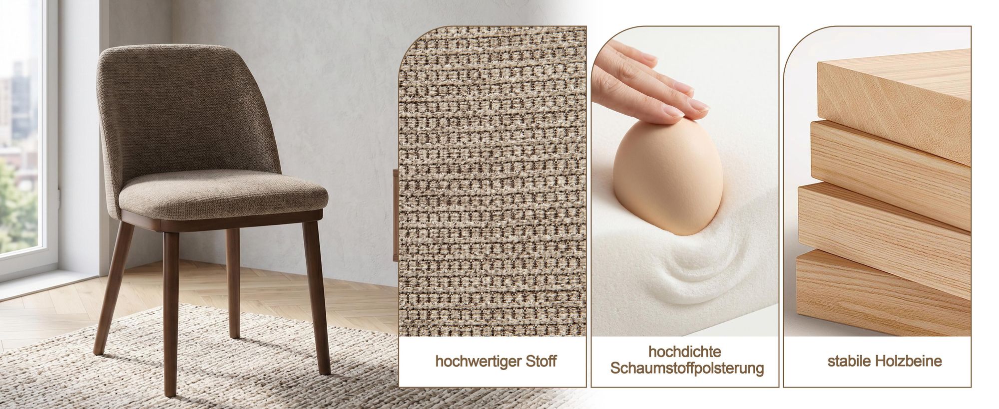 Duhome Esszimmerstuhl 2er Set Küchenstuhl aus Leinen und Holz Polsterstuhl mit Gebogene Rückenlehne für Esszimmer Wohnzimmer Restaurant, Kaffeebraun