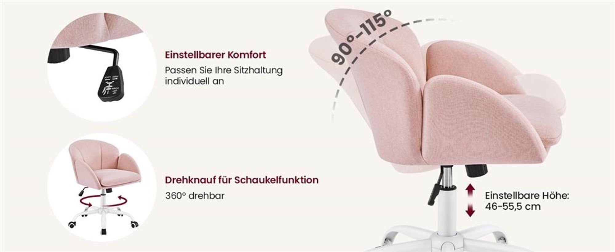Yaheetech Schminkstuhl Schreibtischstuhl, Bauwollmischung, höhenverstellbarer Bürostuhl Drehstuhl mit Rollen, bis 136 kg, Hellrosa