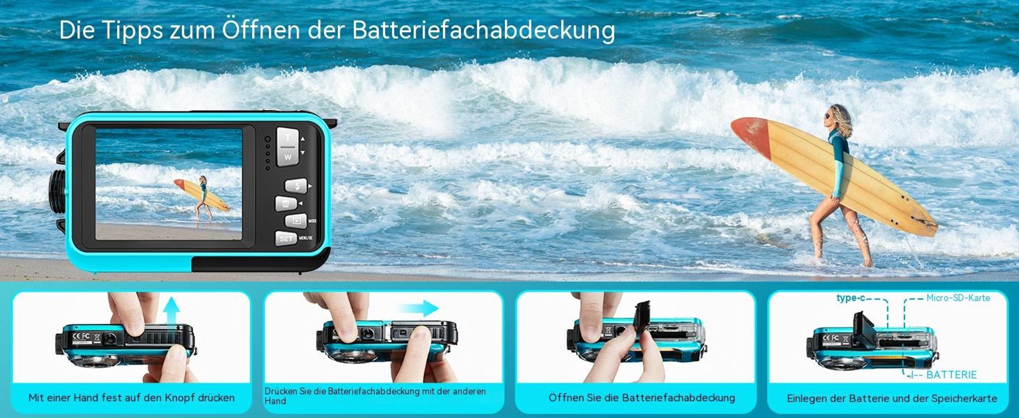 4K 64MP Unterwasserkamera, Wasserdichte Autofokus Digitalkamera (5m/16FT, Dual-Screen Selfie, 32GB Karte, 1250mAh Akku) für Schnorcheln Urlaub