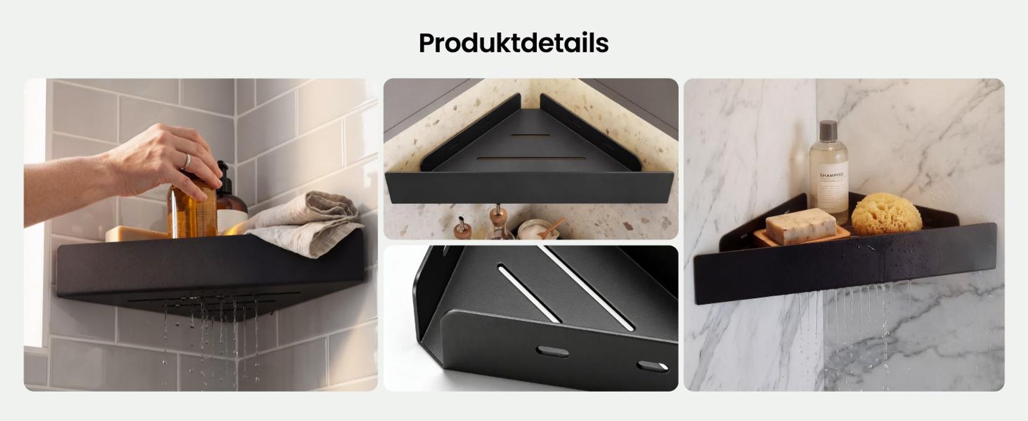 Mai & Mai Duschablage zum Bohren oder Kleben, Duschregal Badablage Ecke, Badezimmerablage zur Wandmontage für Bad und Küche, Sandschwarz Reglo-07