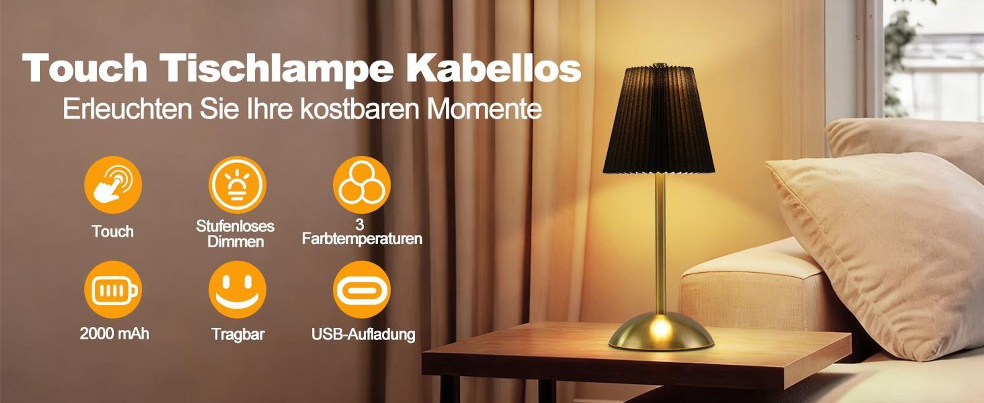 ZMH Lampa Stołowa Bezprzewodowa Lampa Nocna Zestaw 2 Bateryjnych Dotykowych Lamp Stołowych Czarna Ściemnialna 3 Kolorowa Lampa Sypialniana z USB Materiałowa Lampa Wewnętrzna do Jadalni