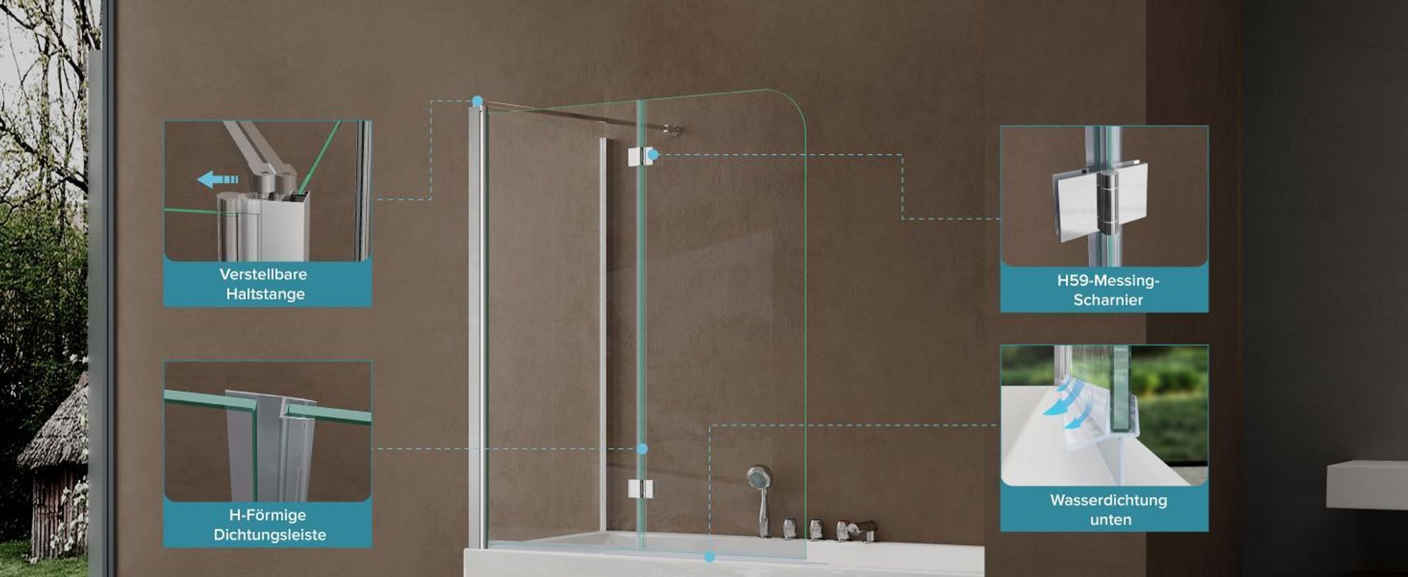 doporro 70x120x140cm Design-Duschwand für Badewanne Badewannenaufsatz Duschabtrennung 6mm ESG-Sicherheitsglas inkl. NANO-Beschichtung  Cortona113
