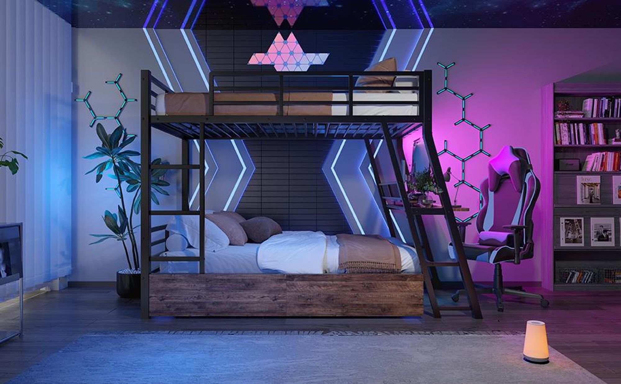 Merax Etagenbett Hochbett 90x200 cm, Kinderbett mit Schreibtisch, LED, 2 Schubladen, Geländer & Treppe, Stockbett Eisenbett, Schwarz