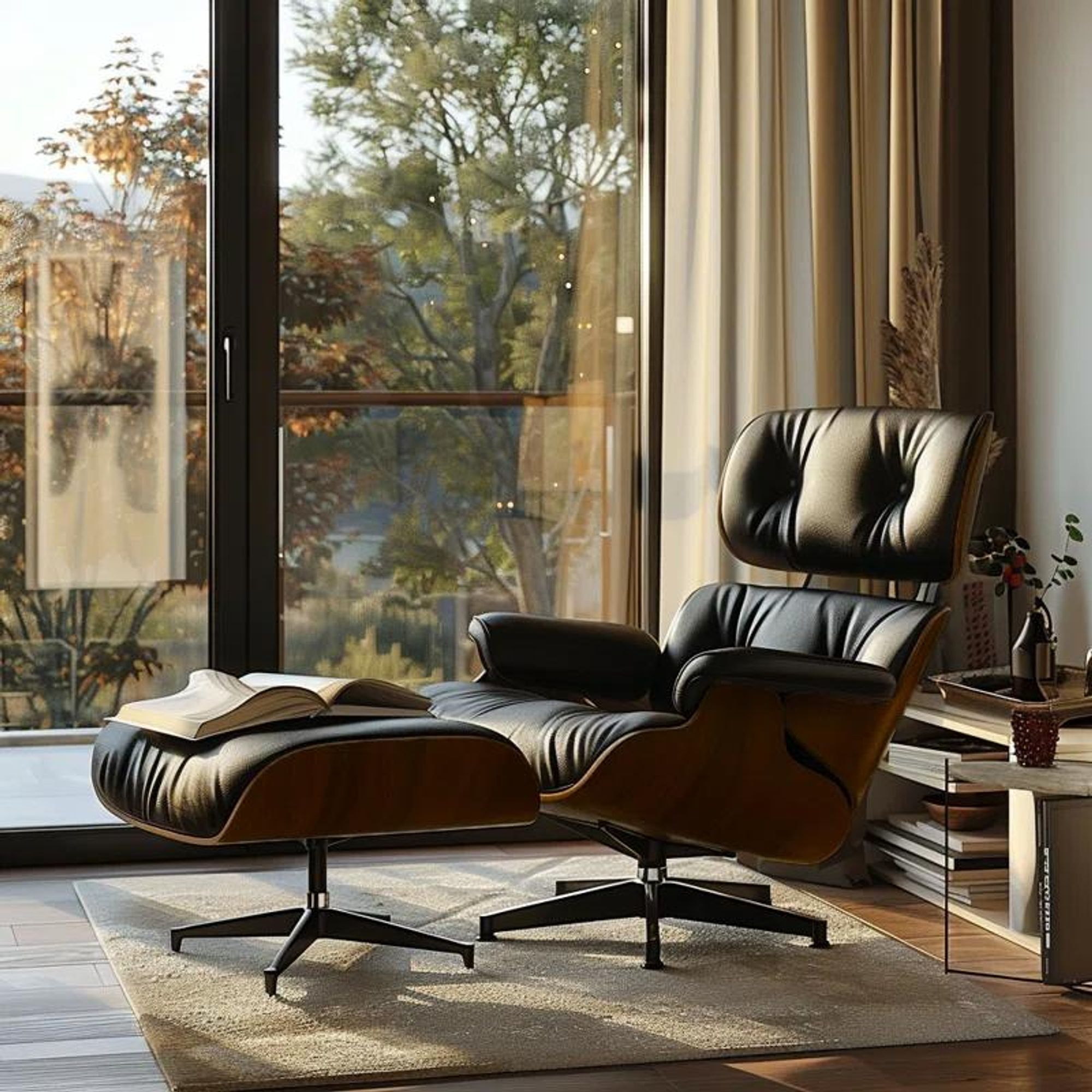 Schwarzer Ledersessel mit Hocker im Wohnzimmer