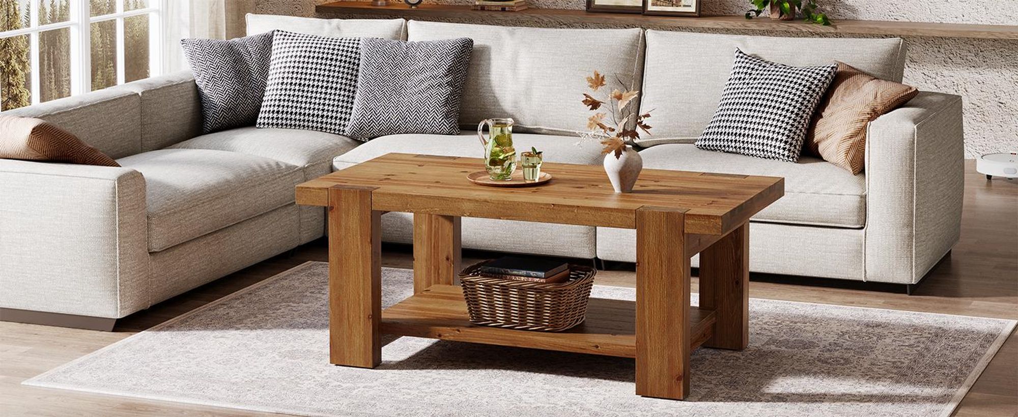 Tribesigns Massivholz Couchtisch 120 x 60 cm, 2-stufiger Rechteck Landhaus Wohnzimmertisch mit Stauraum, rustikaler Mitteltisch für Wohnzimmer