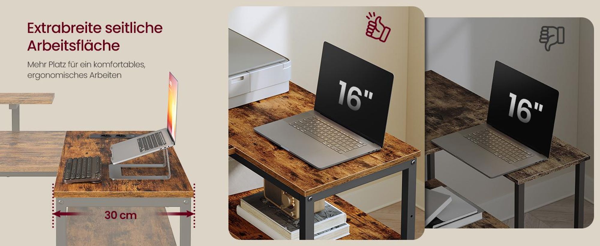 VASAGLE L-förmiger Eckschreibtisch mit USB-Anschlüssen, Computertisch, 2 Ablagen, 4 Schubladen, 140 x 80 cm, braun