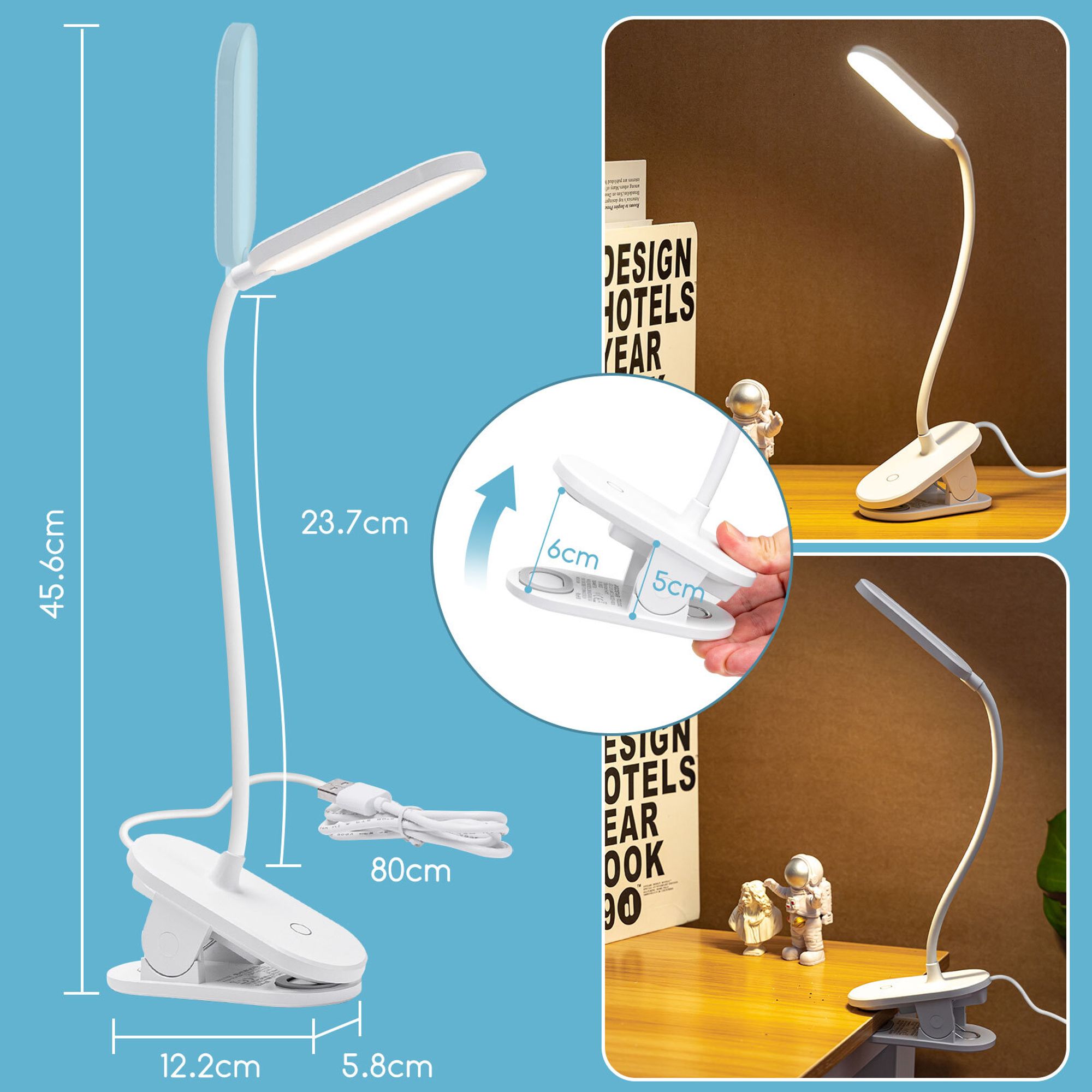 Aigostar LED Leselampe Bett,Touch-Dimmen Klemmlampe mit 360° Verstellbarem Flexiblem Arm,Schreibtischlampe mit 3 Helligkeitsmodi,4000K ,USB-Ladekabel