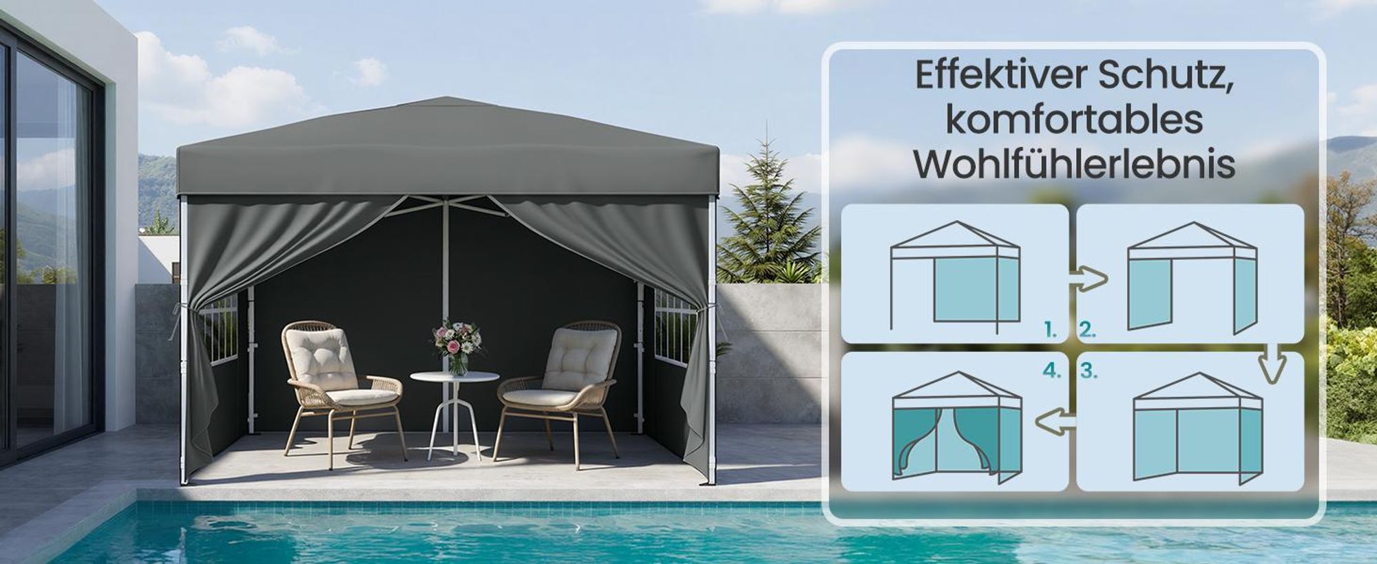 SONGMICS Faltzelt 3 x 3 m, mit Seitenwänden, stabil, tragbar, Pavillon für Garten, Hof, Markt, Sonnenschutz, grau