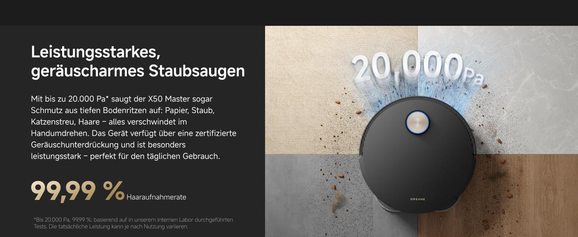 DREAME X50 Master Staubsaugerroboter mit 24,9cm Basisstation, automatisches Nachfüllen und Entleeren, Nachlaufsystem, AI Hindernisvermeidung, 20000 Pa