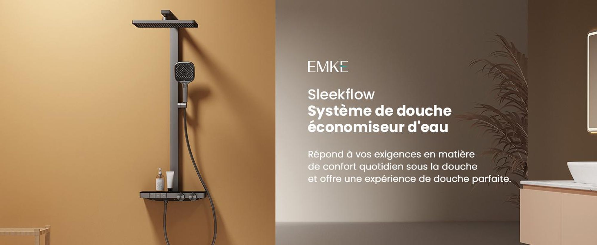 Système de douche EMKE avec thermostat, anthracite mat - Débit d'eau réglable, douche de pluie 36x24 cm, douchette à main avec 4 jets