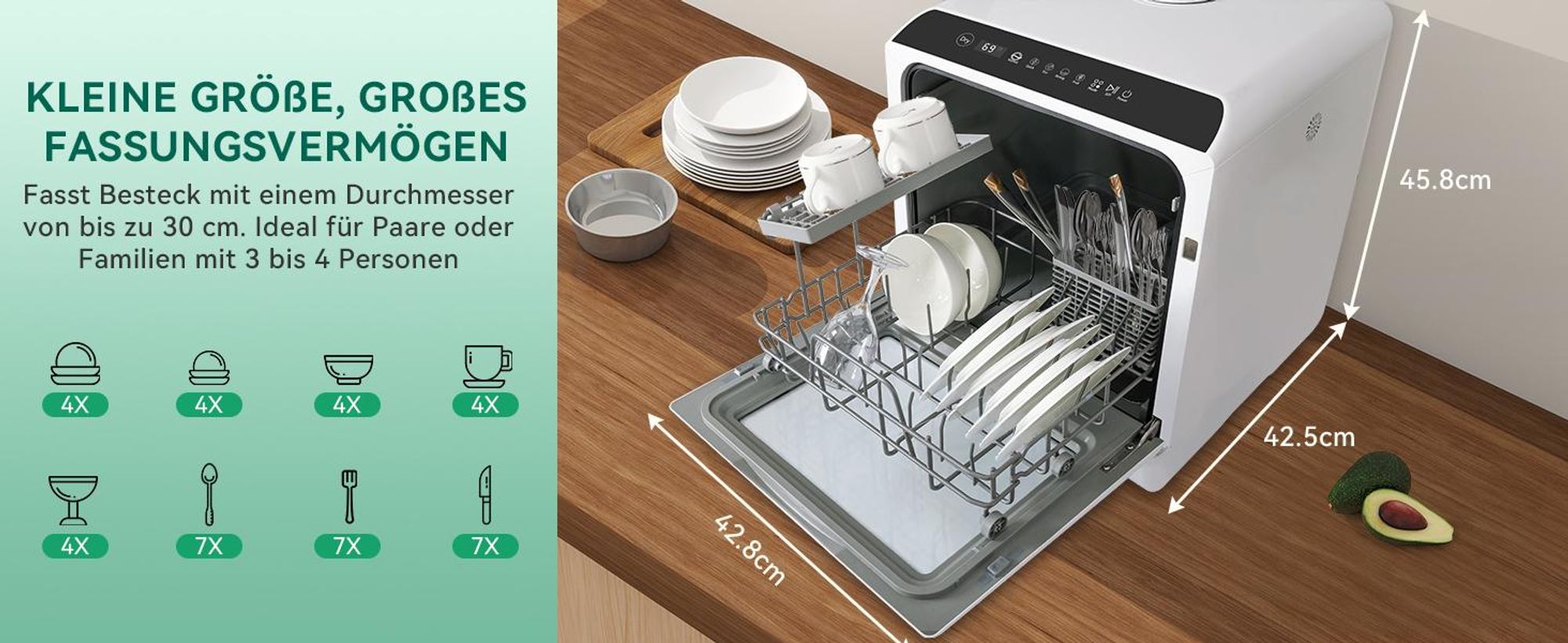Puluomis Mini Geschirrspüler 45cm freistehend, Geschirrspülmaschine mit mit 5+1 Programe für 3 Gedecke, funktioniert mit/ohne Wasseranschluss, schwarz