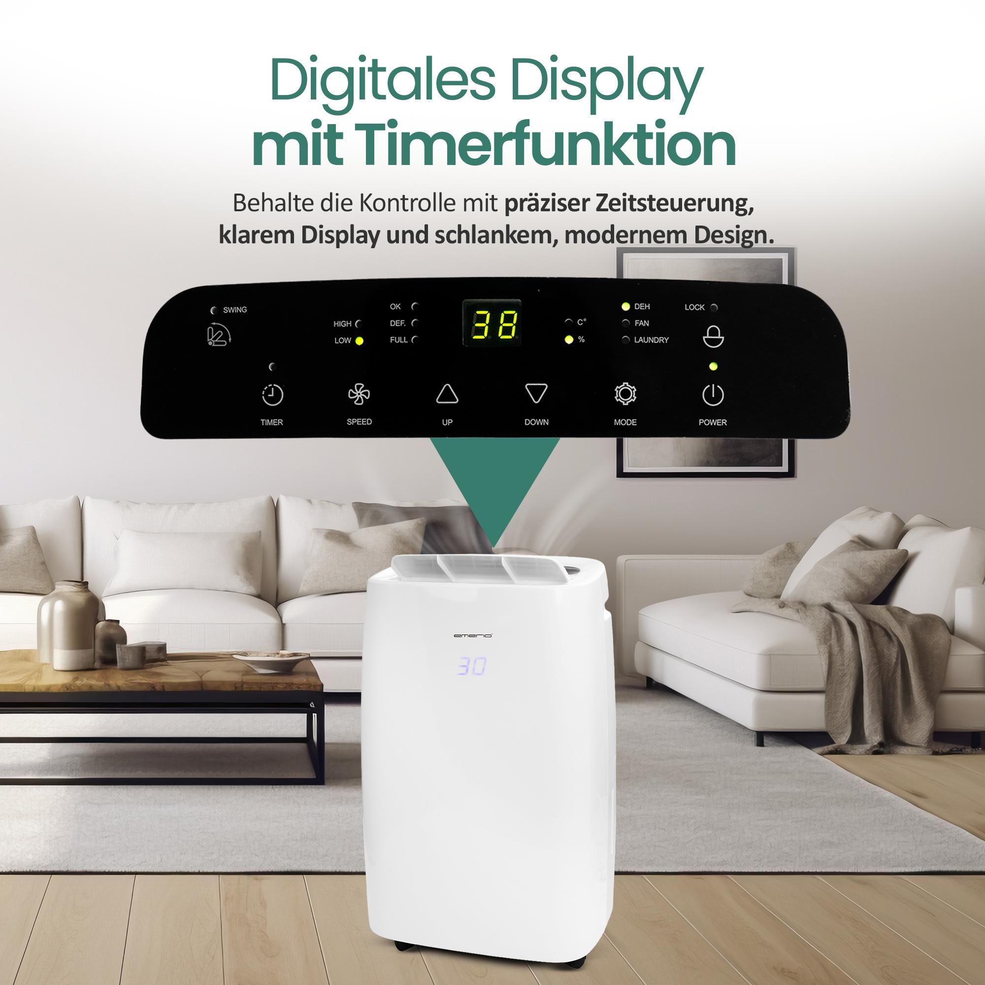Emerio Luftentfeuchter mit digitalem Display – 20 L pro Tag – Wäschetrocknungsfunktion – 6-Liter-Wassertank – 2 Geschwindigkeiten – DH-122844