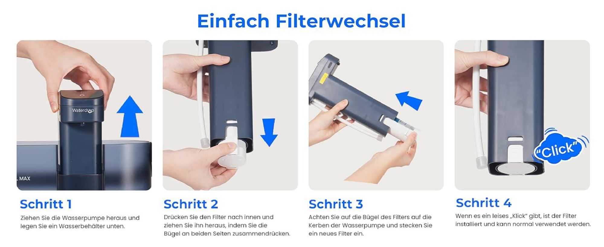 Waterdrop Eletric Wasserfilter Krug für Kühlschrank mit 3 Filter, Countertop Wasserfilter System, 757 Liter, Blau, WD-ED02B