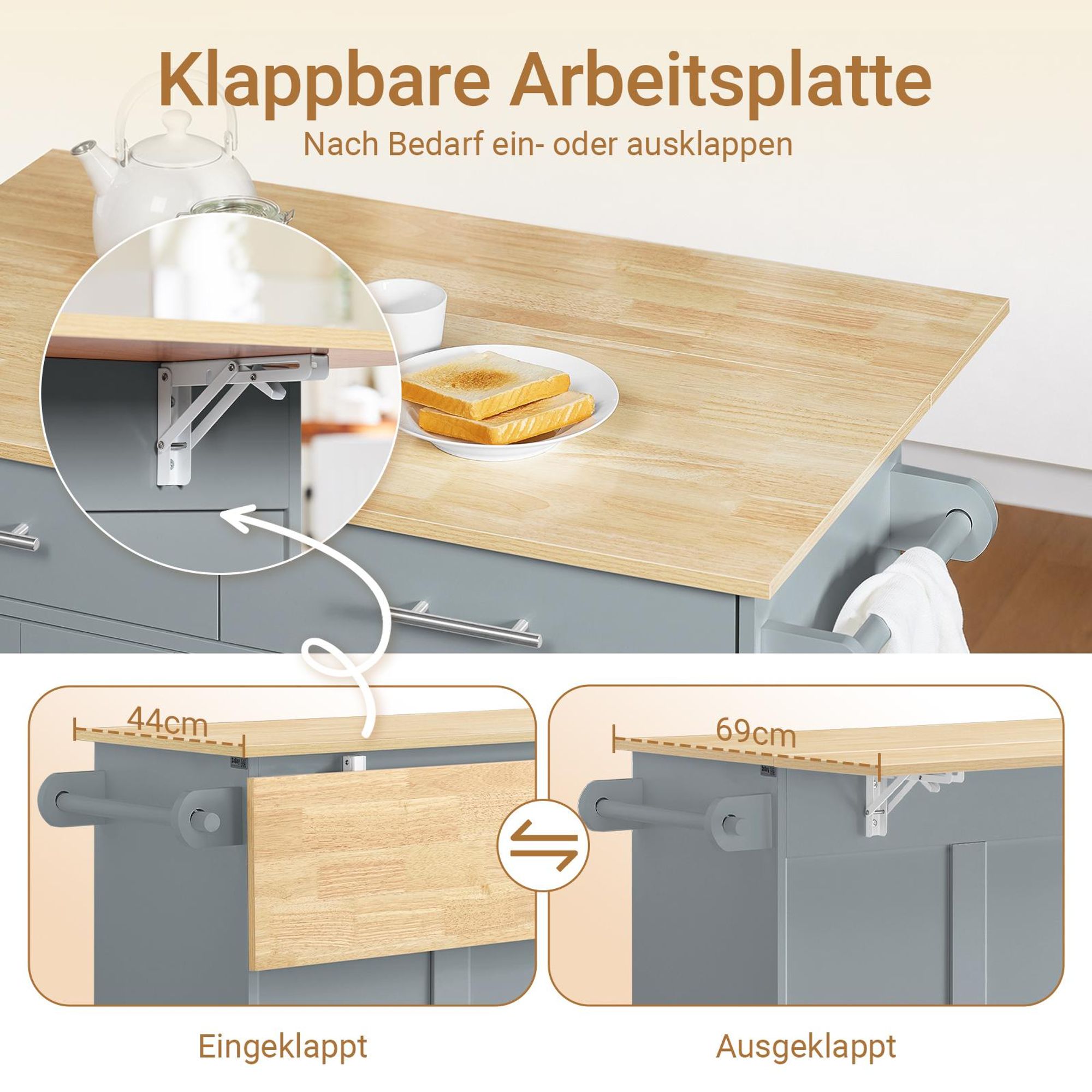 SoBuy Kücheninsel mit ausklappbarer Arbeitsfläche, Schubladen und Schränken, grau Mittelteil mit vier Türen zwei FKW129-HG