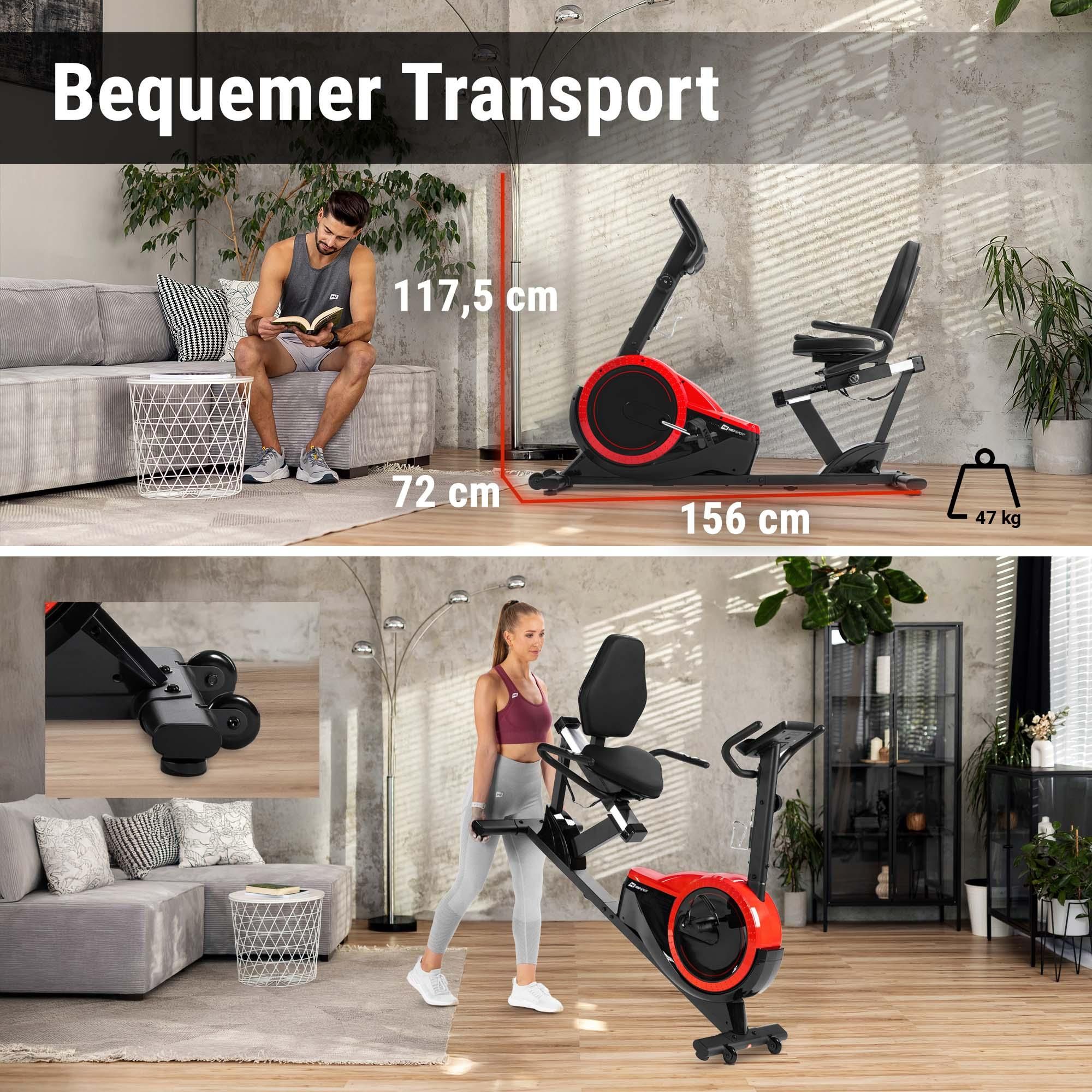Hop-Sport Liegeergometer HS-060L - Liegeheimtrainer mit Handpulssensoren, 15 kg Schwungmasse, 8  Widerstandsstufen - Sitzergometer für Senioren max. Benutzergewicht 130 kg rot