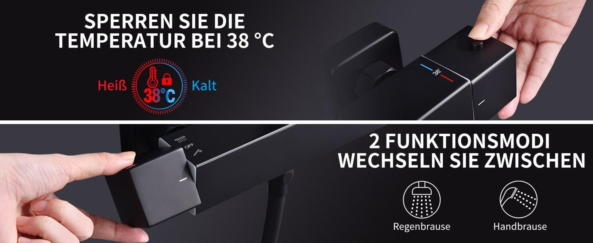Homelody Duschsystem mit Thermostat Regendusche Regenkopf Runde Duschsäule Duscharmatur 38℃ inkl. Handbrause höhenverstellbar Duschstange Schwarz