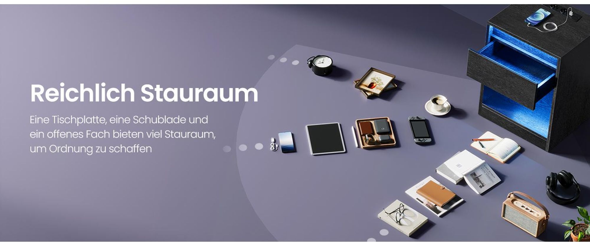 Nachttisch mit einstellbarer LED-Beleuchtung, 2er Set,