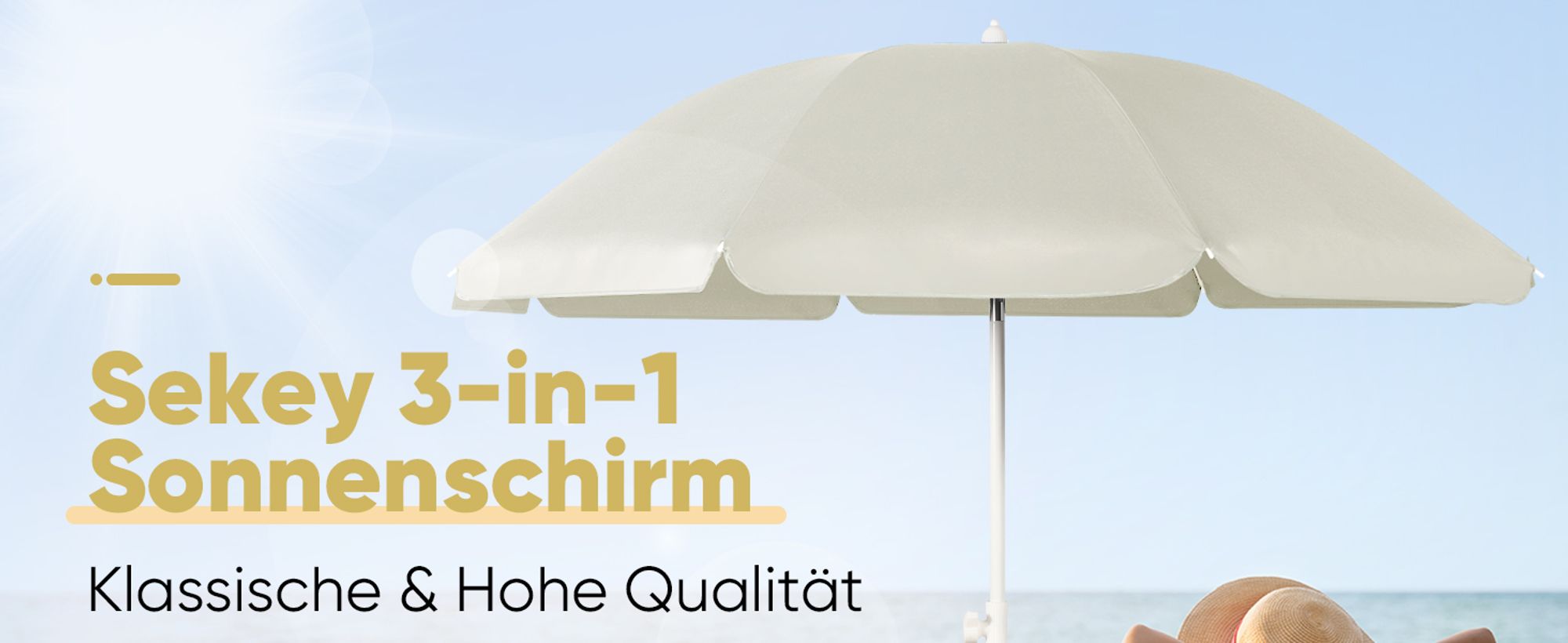 Sekey Sonnenschirm Rund Ø160cm Gartenschirm UV Schutz 50+ Strandschirm mit erdspieß & Schutzhülle, Neigungswinkel und Höhe verstellbar