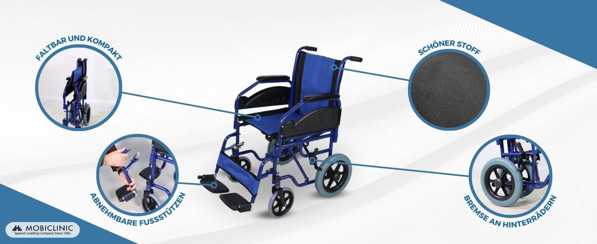 Rollstuhl faltbar Mobiclinic Feststellbremse Sitzhöhe 45 cm abnehmbare Fußstützen klappbare und gepolsterte Armlehnen stabil blau Maestranza