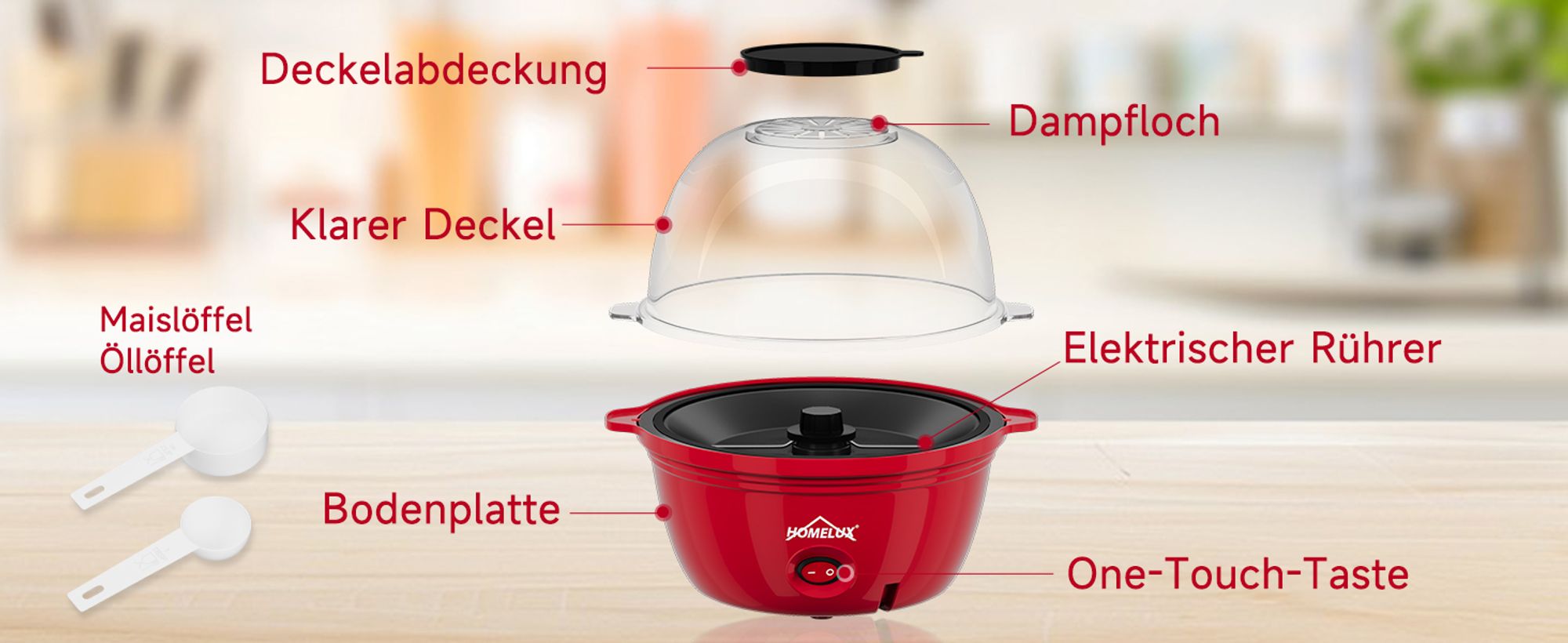 HOMELUX Popcornmaschine Popcorn Maker 450W Mini Popcorn Maschine inkl. Messlöffel Antihaftbeschichtung Gesunder Snack Popper Ohne Fett Öl Für Zuhause