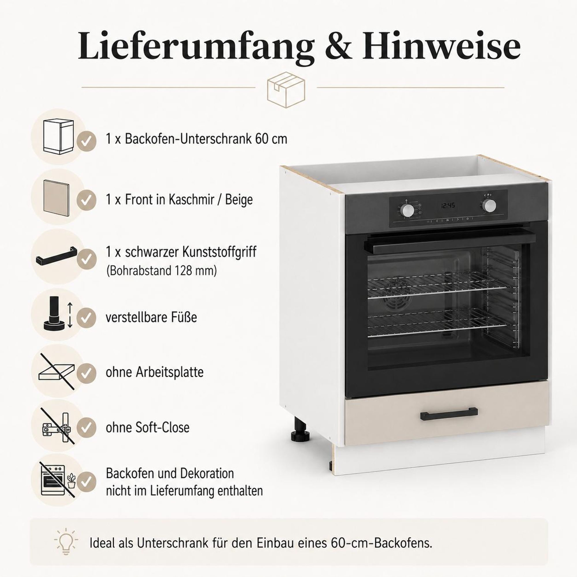 Backofen-Umbauschrank 60 cm Kaschmir Beige: Details zu Front, Korpus & Griff.