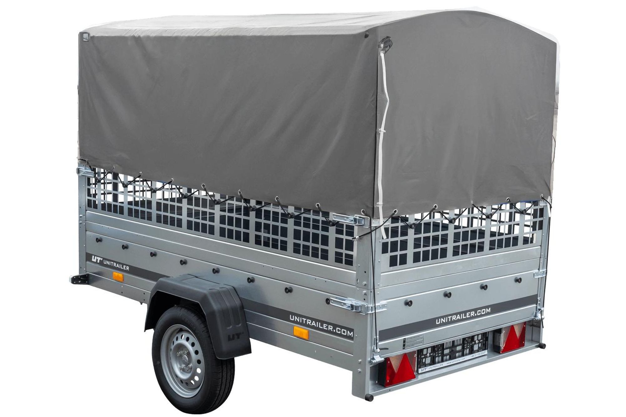 Přívěs za auto na pružinách 230x125 UNITRAILER GARDEN 230/R KIPP se síťovými stěnami, rámem H-800 a šedou plachtou