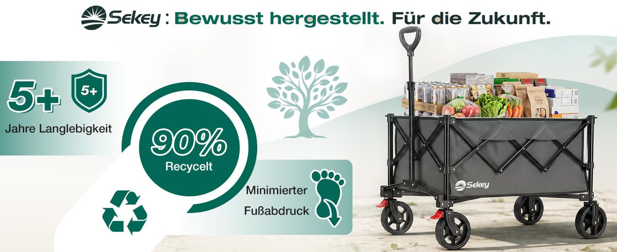 Sekey Bollerwagen faltbar 150 kg mit Bremsen, klappbarer Handwagen für Garten und Ausflug, Anthrazit