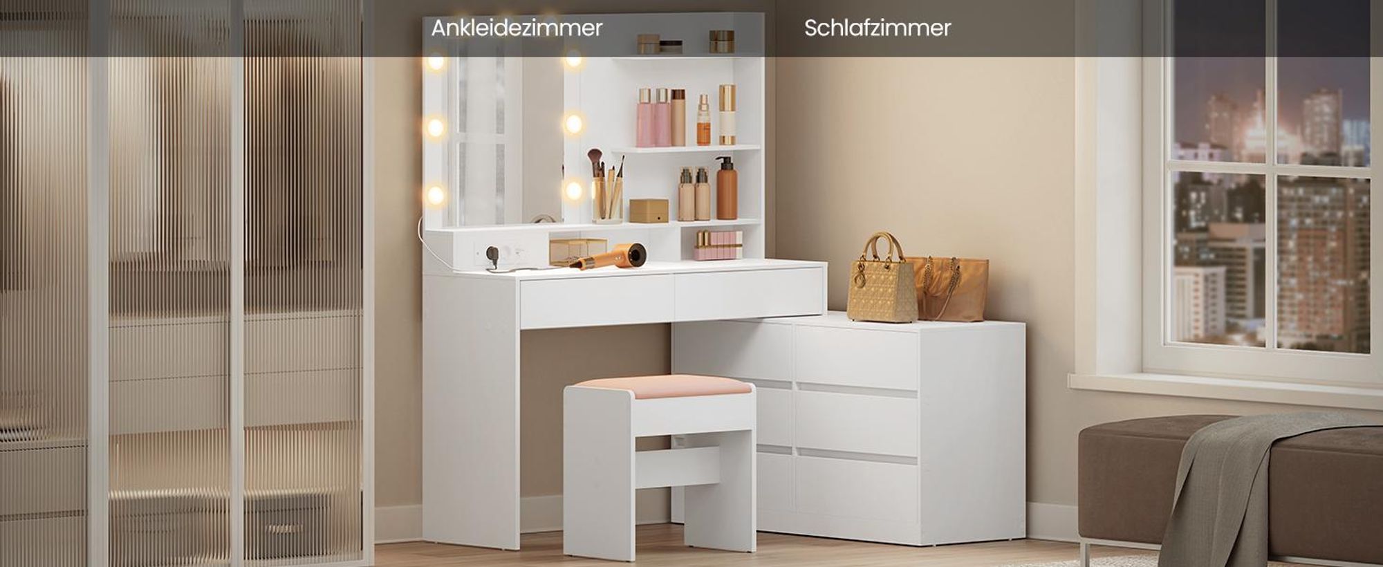 VASAGLE Schminktisch mit Kommode, gerade oder L-förmig, Frisiertisch mit Licht und Spiegel, einstellbare Lichtfarben, weiß