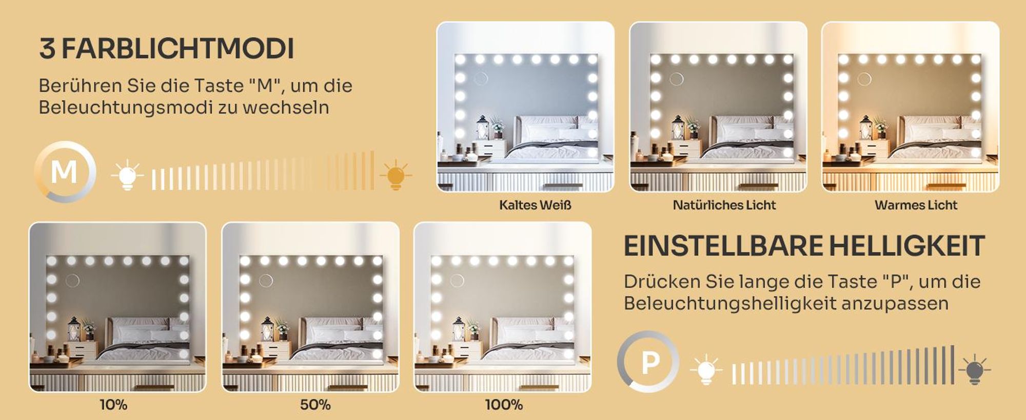 Puluomis Kosmetikspiegel Hollywood 18 LED 80x60cm 3 Lichtfarben Dimmbar Schminkspiegel Spiegel mit Beleuchtung, 10x Vergrößen, Wandspiegel weiß