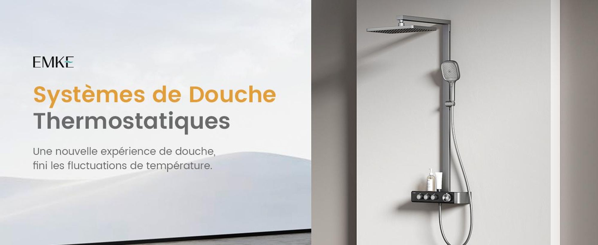 EMKE Système de douche avec thermostat Colonne de douche Anthracite mat avec 360×240mm douche à effet pluie carrée, bec de baignoire, régulateur de débit & tablette en verre F27