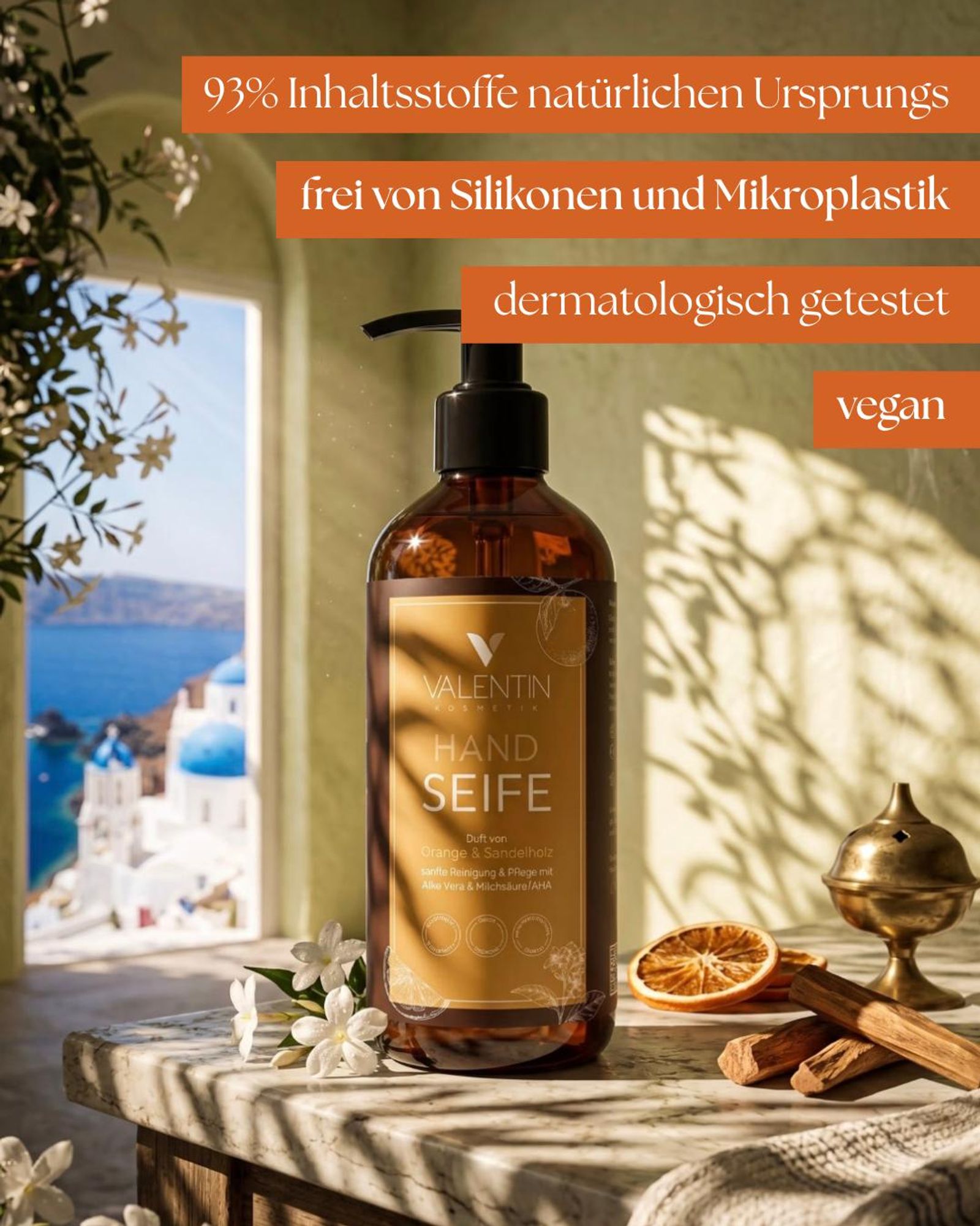VALENTIN Kosmetik Handseife Orange & Sandelholz mit Aloe Vera & Milchsäure/AHA 300ml