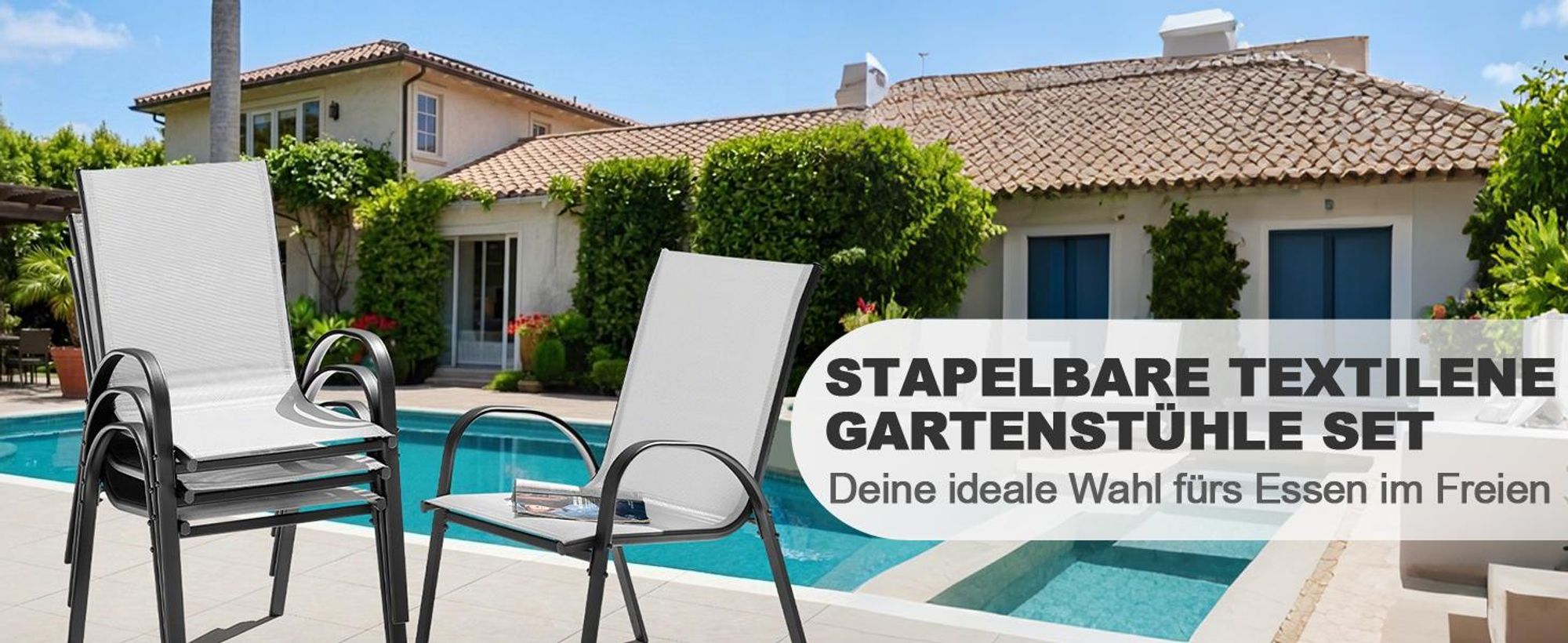 Avestar Gartenstühle 4er Set, Stapelstühle, hochdichtes Textilene, wetterfeste Esszimmerstühle, Gartenmöbel mit Armlehnen, Grauweiß