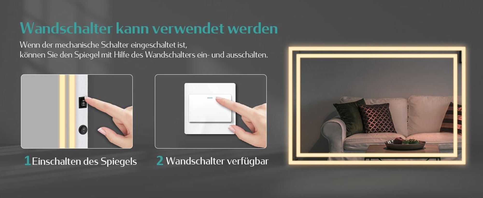 EMKE LED Badspiegel mit Beleuchtung 100X60 cm Antibeschlag, Wandspiegel Badezimmerspiegel mit mechanischem Schalter, 3000K/6500K Lichtfarben, IP44