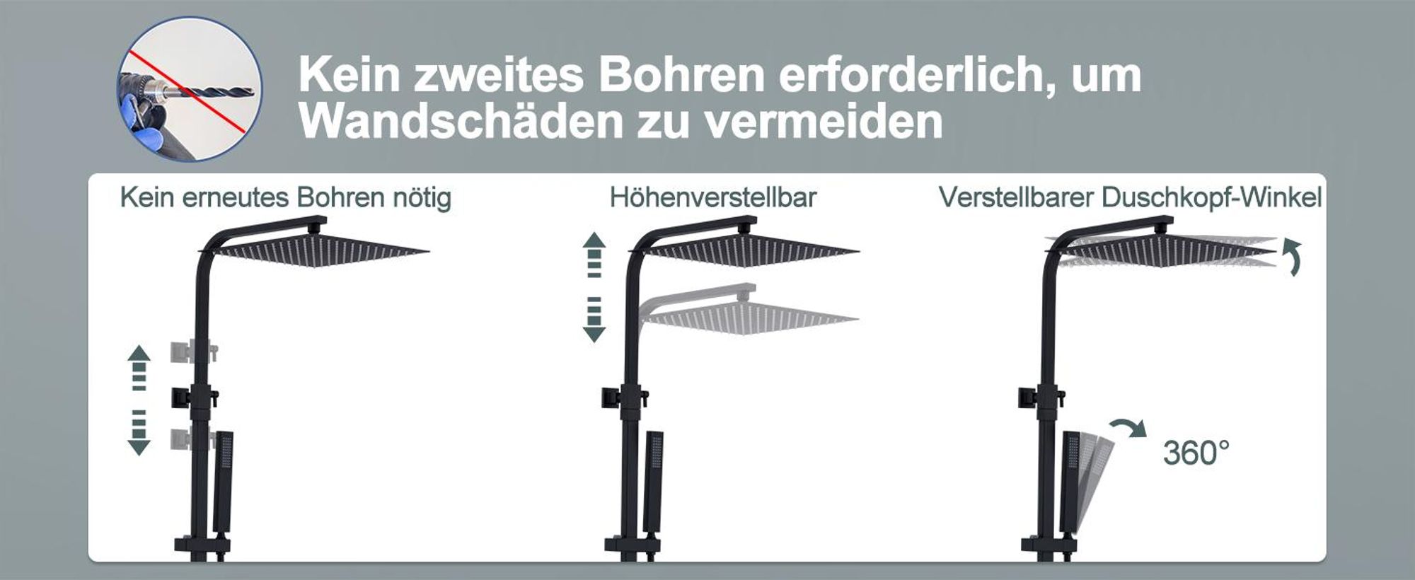 Homelody Duschsystem mit Thermostat, Edelstahl Duscharmatur mit Armatur, 30*30CM Großer Regendusche Duschkopf Höhenverstellbar 855-1105MM Schwarz
