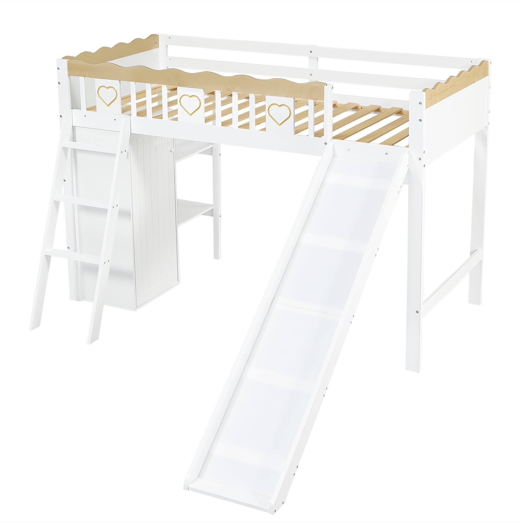 Flieks Etagenbett 90x200cm mit Rutsche und Leiter, Kinderbett Hochbett mit Kleiderschrank und Regal, Stockbett Spielbett mit Lattenrost, Weiß
