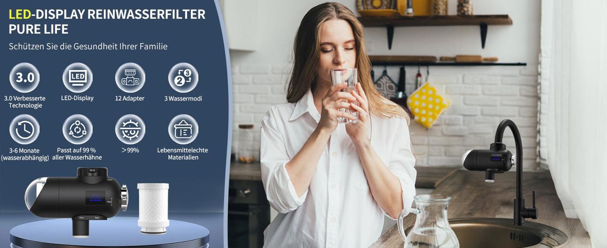 Wasserfilter für Wasserhahn, Desinfektion mit Blaulicht,Geruchsfreies Trinkwasser, Entfernt Chlor, Schwermetalle Geschmack,Hygienisches Trinkwasser
