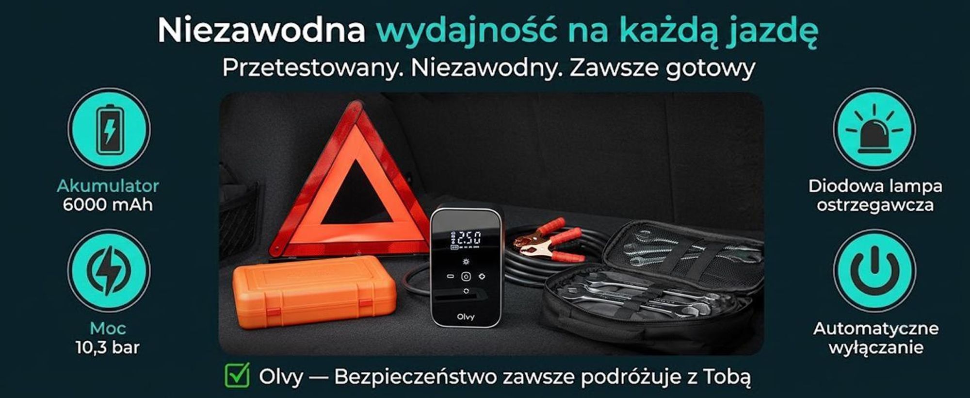 Olvy Elektryczna pompka powietrza z power bankiem 6000 mAh - 12V mini kompresor do samochodu, roweru, piłek, materacy dmuchanych, wyświetlacz, LED, automatyczne wyłączanie