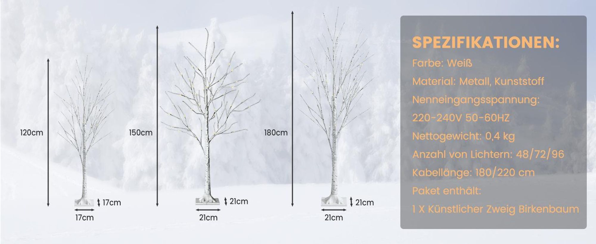 COSTWAY 180cm LED Lichterbaum, Birkenbaum mit warmweißen LED-Leuchten, künstlicher Weihnachtsbaum, Tannenbaum, Christbaum, Kunstbaum, Dekobaum