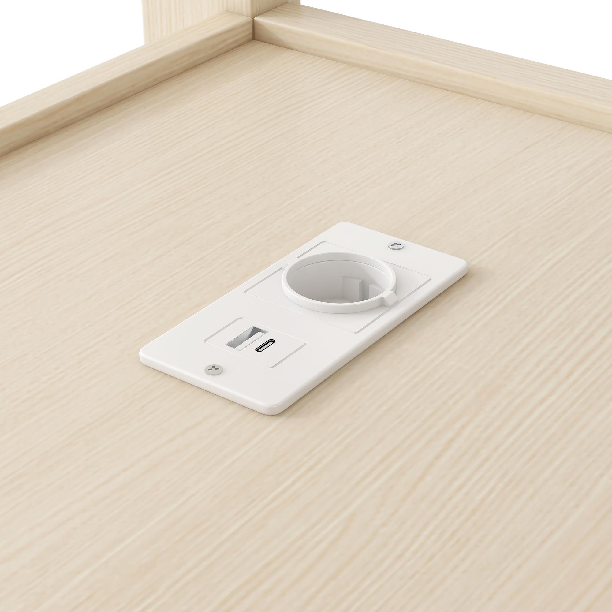 Merax Etagenbett Hochbett 140x200 cm, mit Regalen, Schreibtisch, LED-Licht und USB, Hängebereich, Stockbett aus Holz, Kinderbett, Jugendbett, Natur