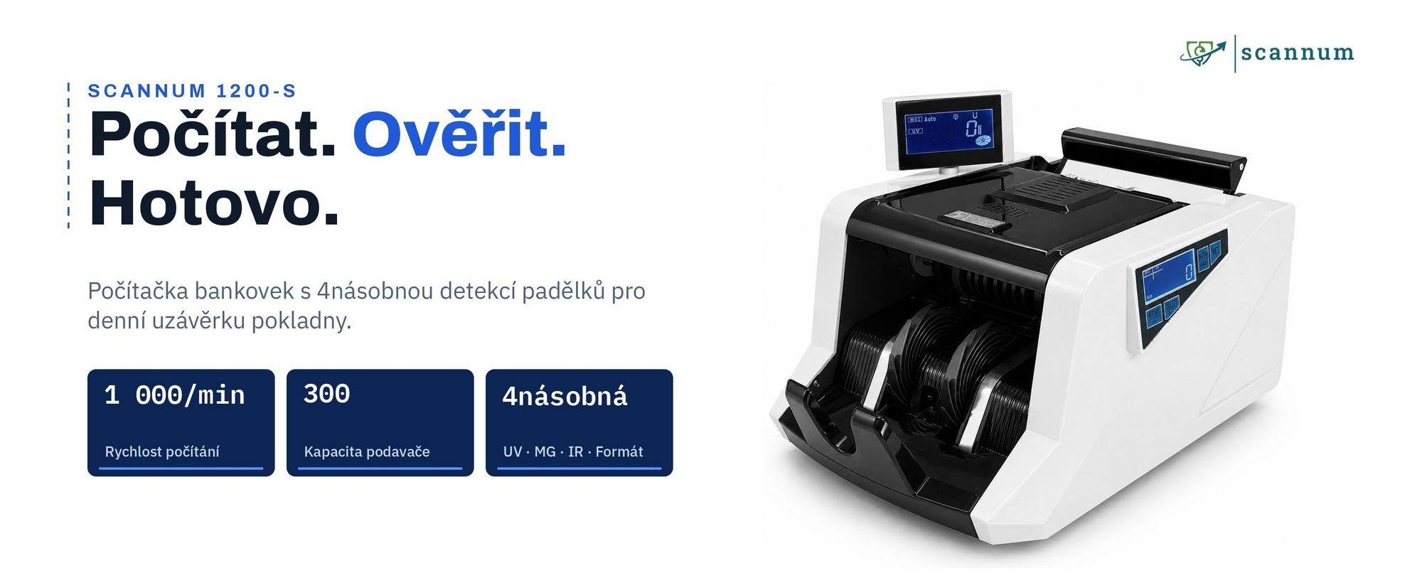 SCANNUM 1200-S počítačka bankovek se 4násobnou detekcí padělků, 1 000 bankovek/min