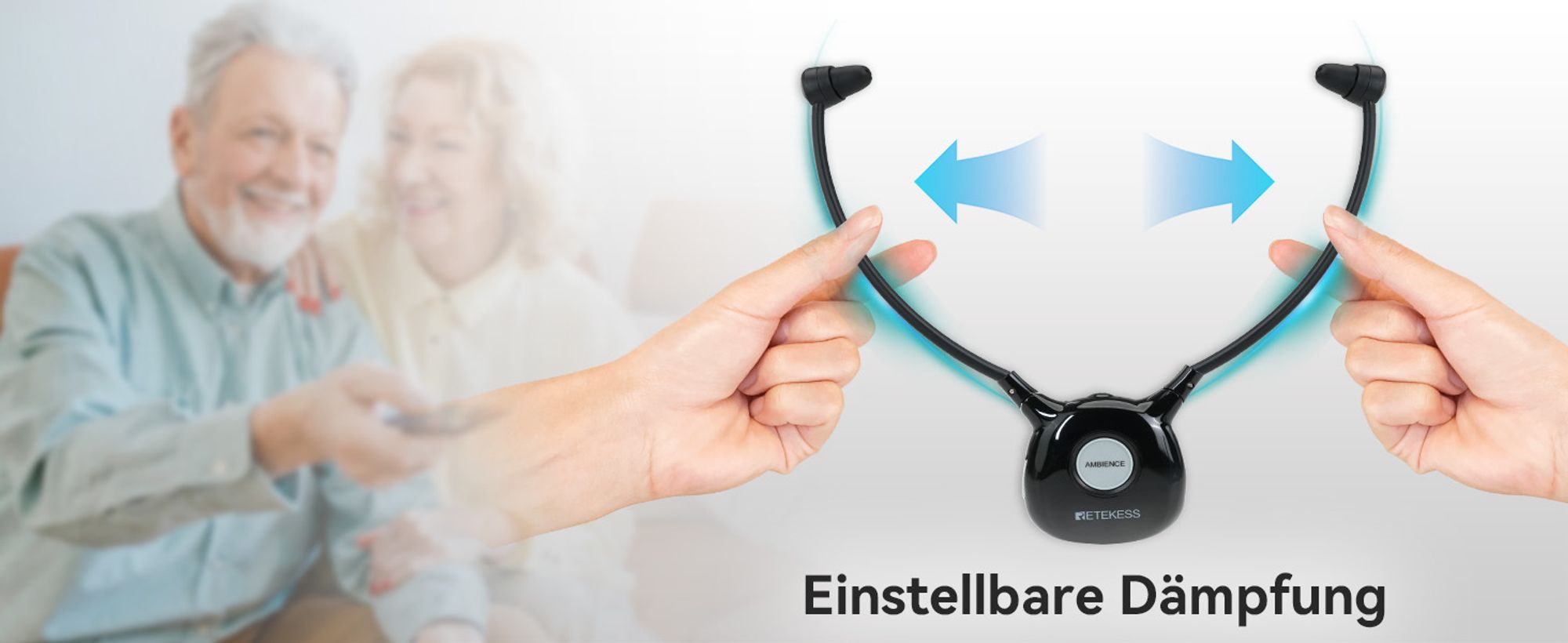 Retekess TA008 Kabellose Kopfhörer für Fernseher, Kopfhörer Tv, 2.4G Low Latancy, Ein Schlüssel-Hörverstärker, Einstellbare Dämpfung, Duale Batterie -