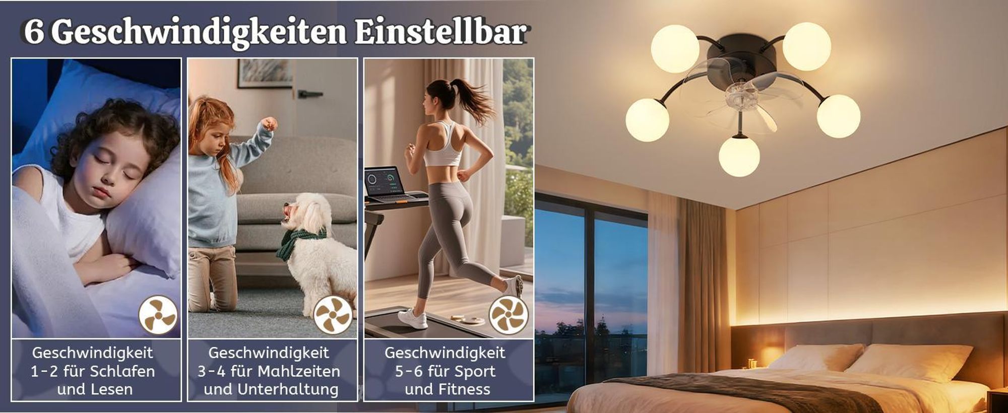 ZMH Deckenventilator Beleuchtung G9 Leise Deckenleuchte Ventilator Fernbedienung 6 Geschwindigkeiten Timer Lampe für Küche Esszimmer Schwarz